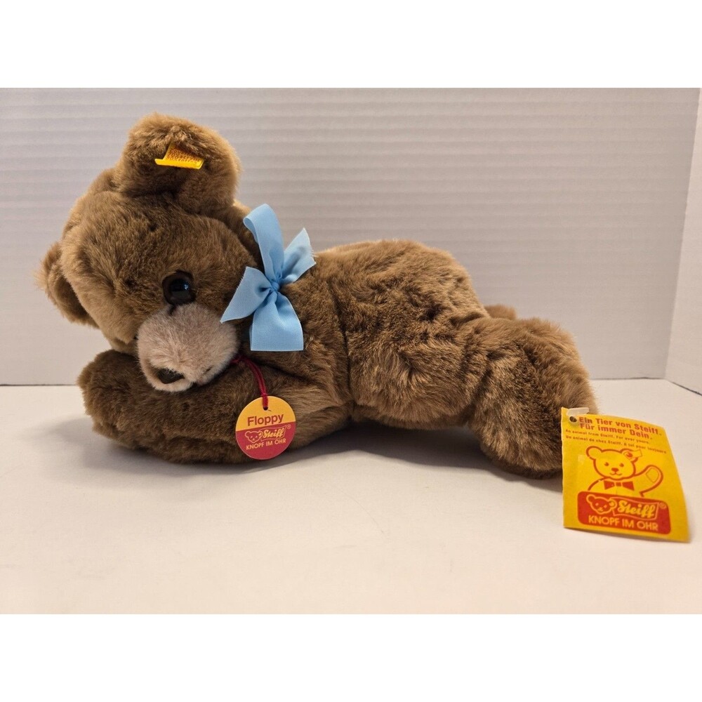 Steiff Floppy Teddy Bear w/Blue Ribbon 9" Vintage w/ Ear & Body Tag 5600/25